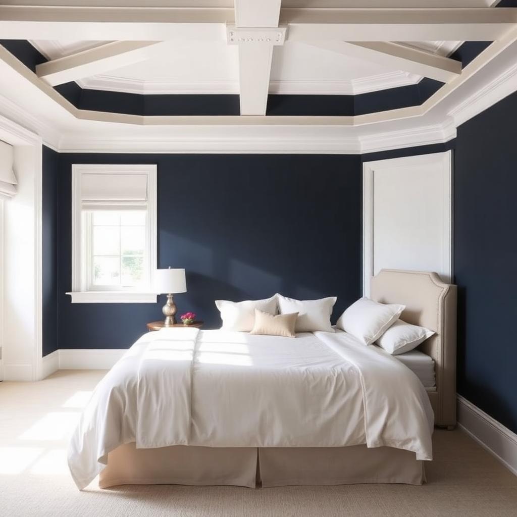 Bedroom with navy accent wall and white trim