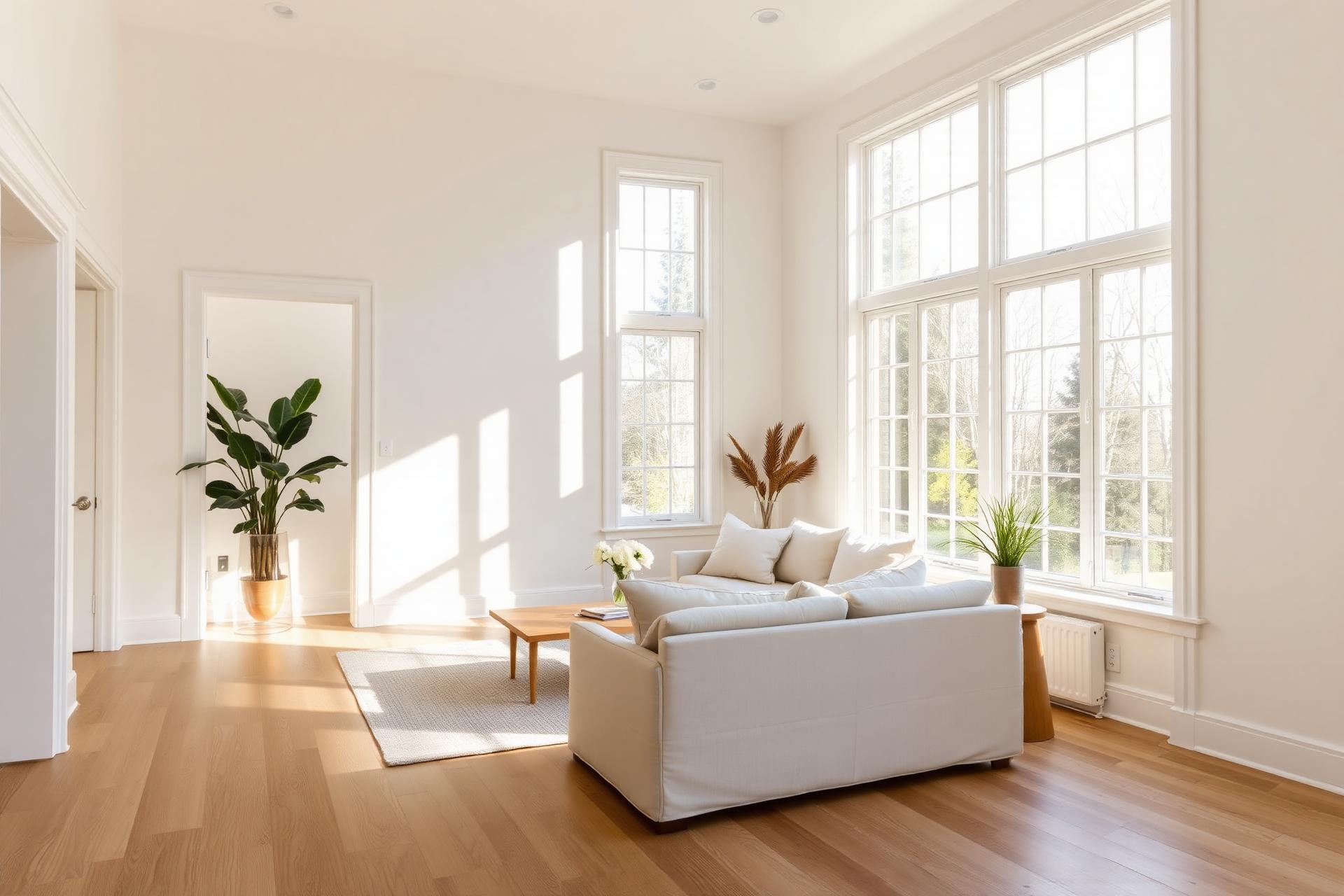 Bright, professionally painted modern living room with natural daylight and crisp white trim